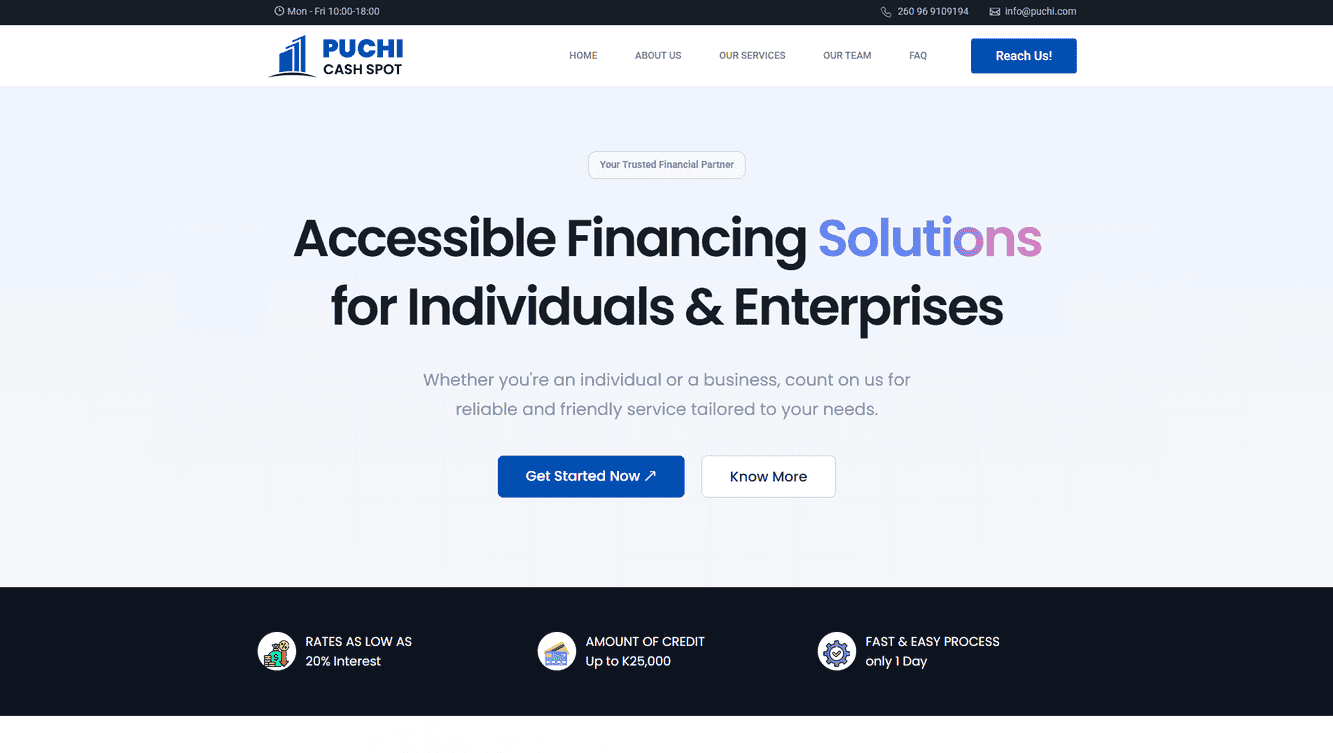 Puchi Cash Spot Finance, regulated by the Bank of Zambia, provides innovative short-term financing solutions for individuals and SMEs.